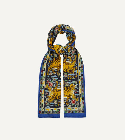 Drake's Blue Jumbo Tiger Print Wool-Silk Scarf