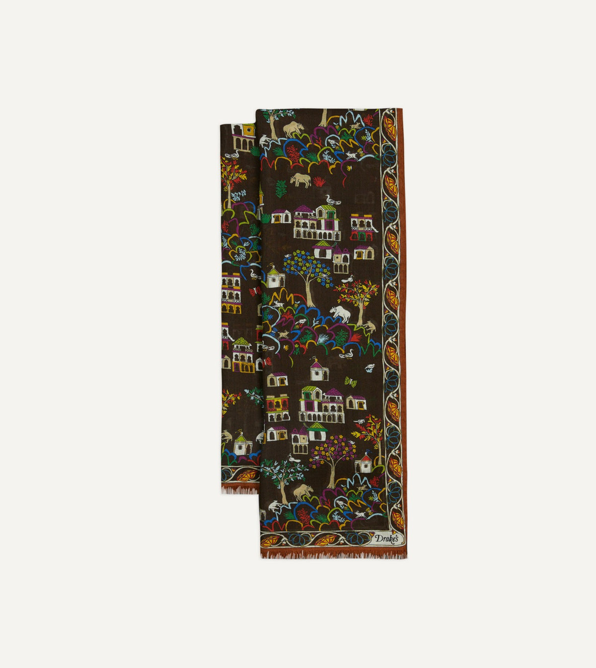 Drake's Brown Antique Village Print Wool Silk Scarf