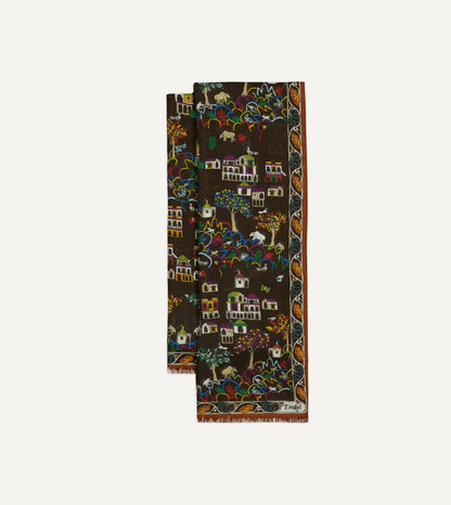 Drake's Brown Antique Village Print Wool Silk Scarf