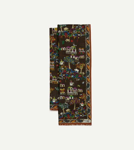 Drake's Brown Antique Village Print Wool Silk Scarf