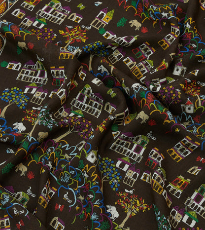 Drake's Brown Antique Village Print Wool Silk Scarf