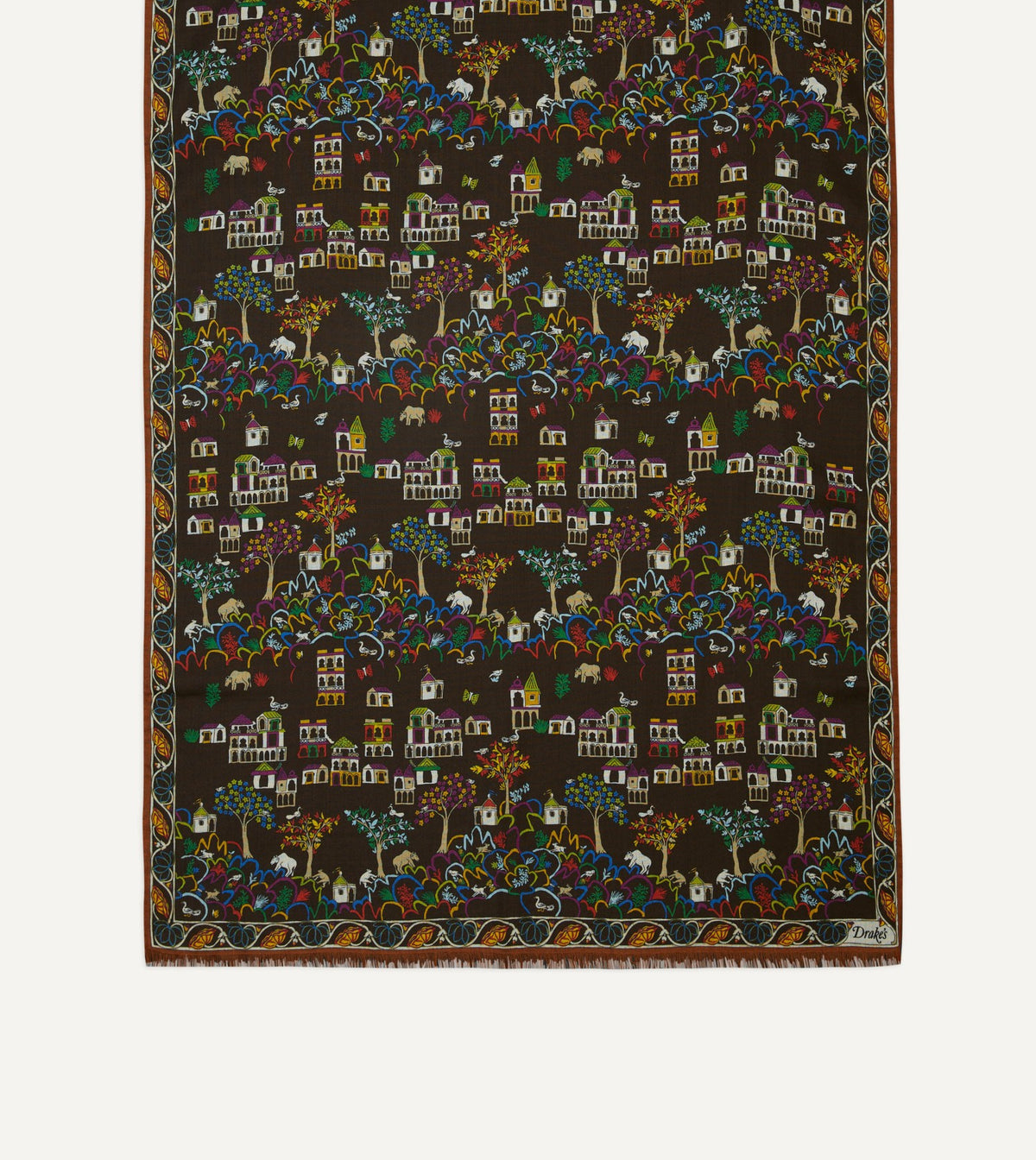 Drake's Brown Antique Village Print Wool Silk Scarf