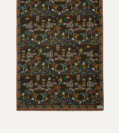 Drake's Brown Antique Village Print Wool Silk Scarf