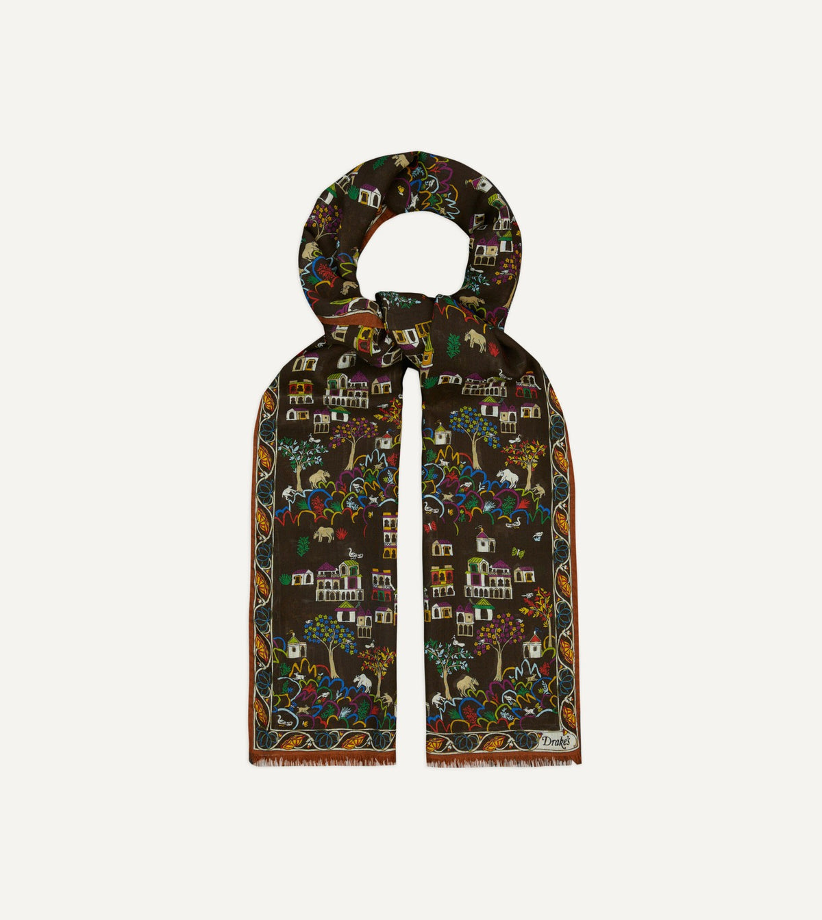 Drake's Brown Antique Village Print Wool Silk Scarf