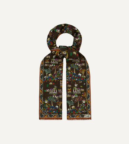 Drake's Brown Antique Village Print Wool Silk Scarf