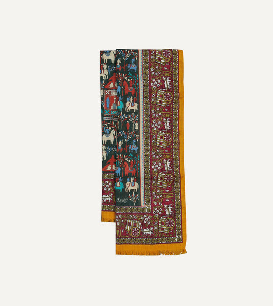 Drake's Burgundy Elephant Village Print Wool-Silk Scarf