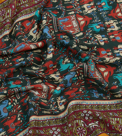 Drake's Burgundy Elephant Village Print Wool-Silk Scarf