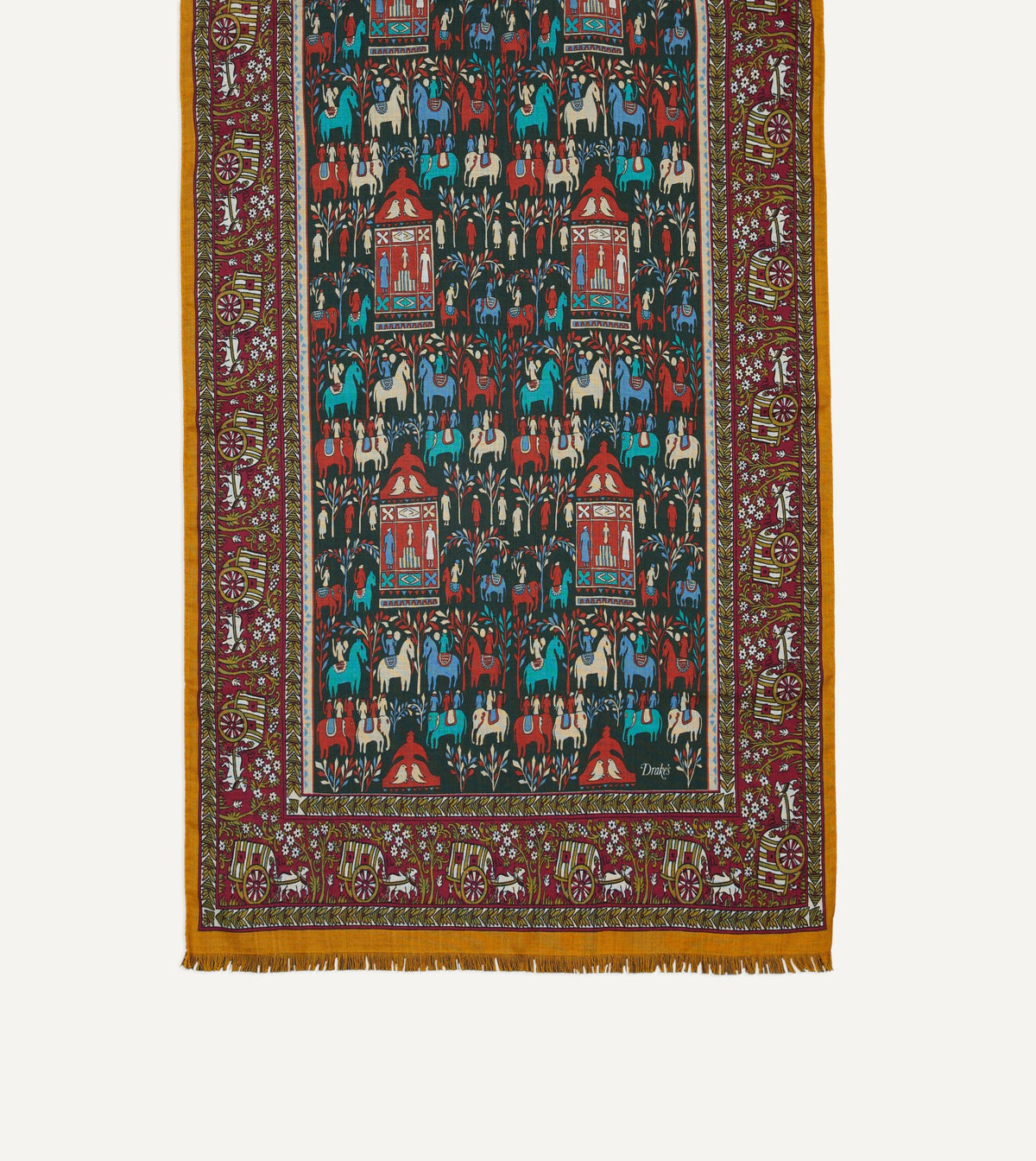 Drake's Burgundy Elephant Village Print Wool-Silk Scarf