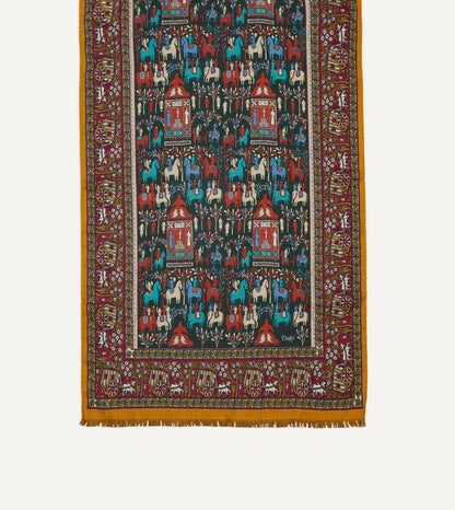 Drake's Burgundy Elephant Village Print Wool-Silk Scarf