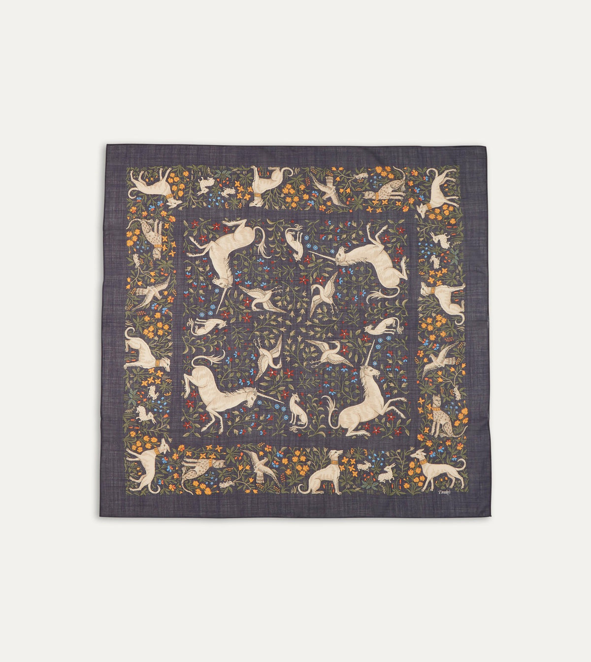 Drake's Navy Unicorn Print Wool-Silk Square Scarf