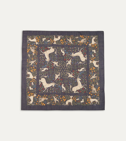 Drake's Navy Unicorn Print Wool-Silk Square Scarf