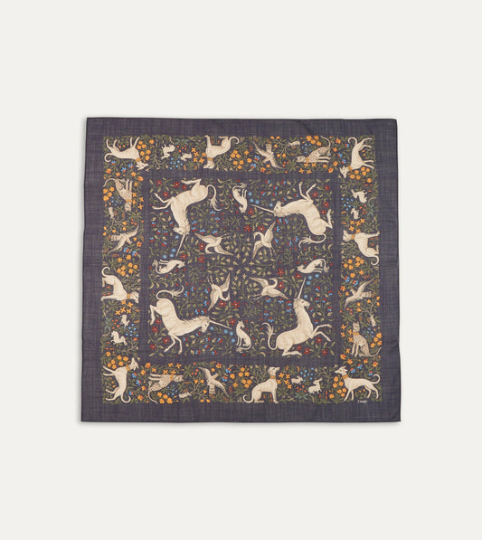 Drake's Navy Unicorn Print Wool-Silk Square Scarf