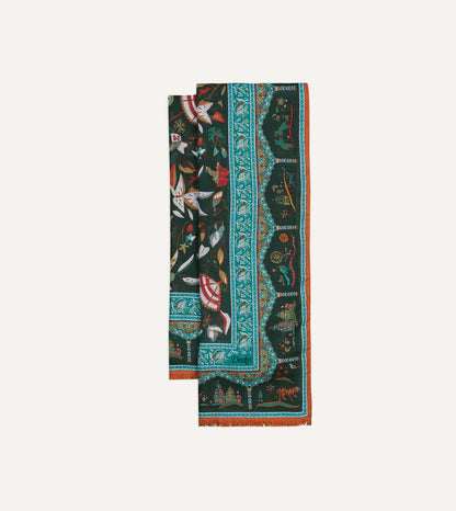 Drake's Green Classic Mughal Print Wool Silk Scarf
