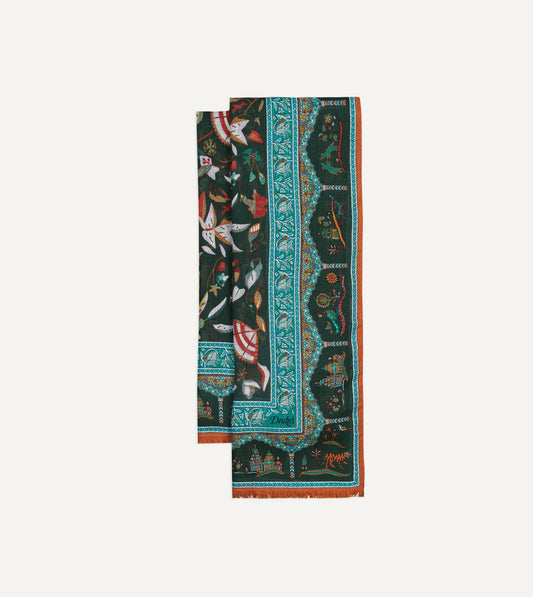 Drake's Green Classic Mughal Print Wool Silk Scarf