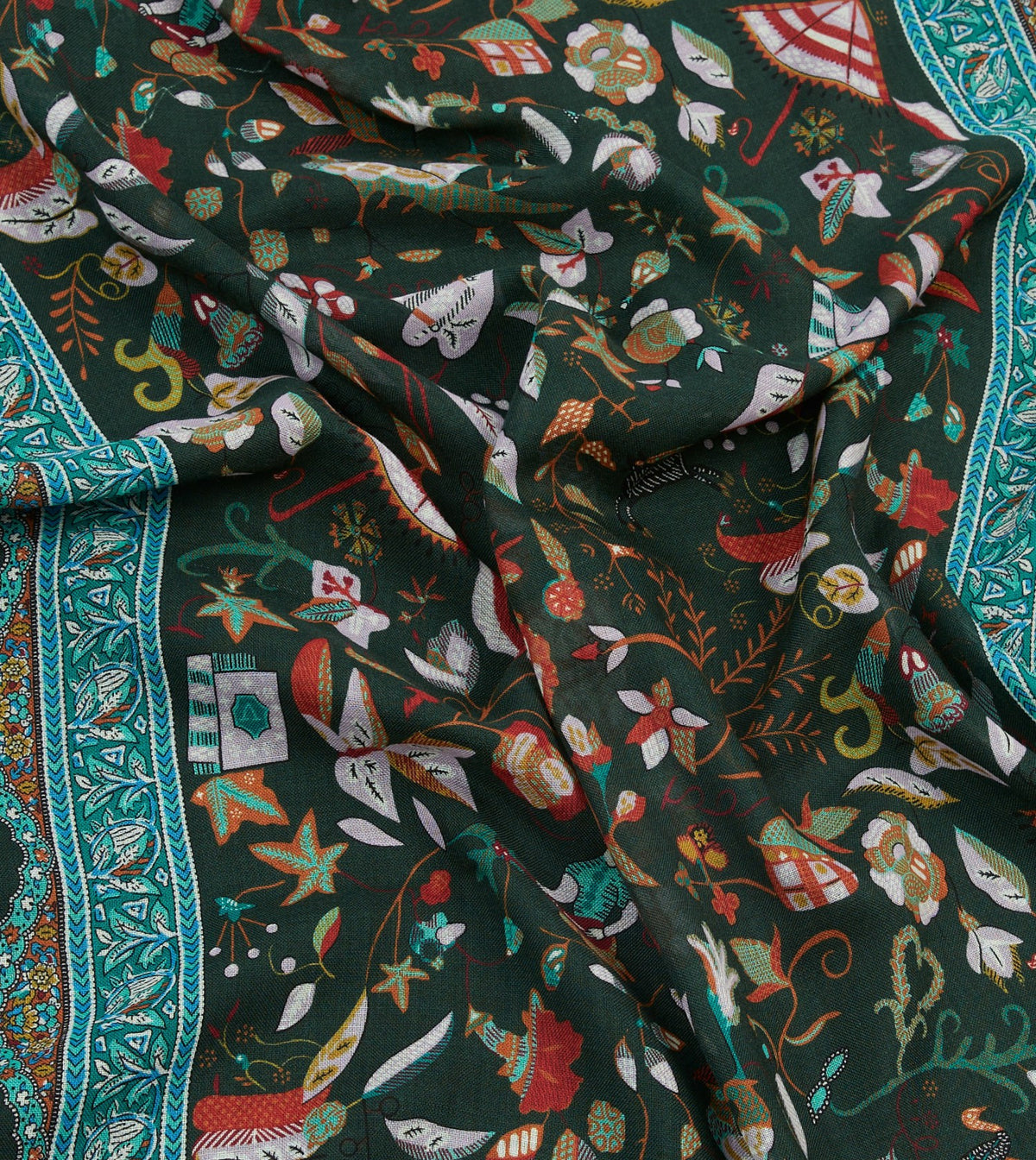 Drake's Green Classic Mughal Print Wool Silk Scarf