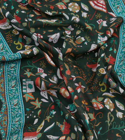 Drake's Green Classic Mughal Print Wool Silk Scarf