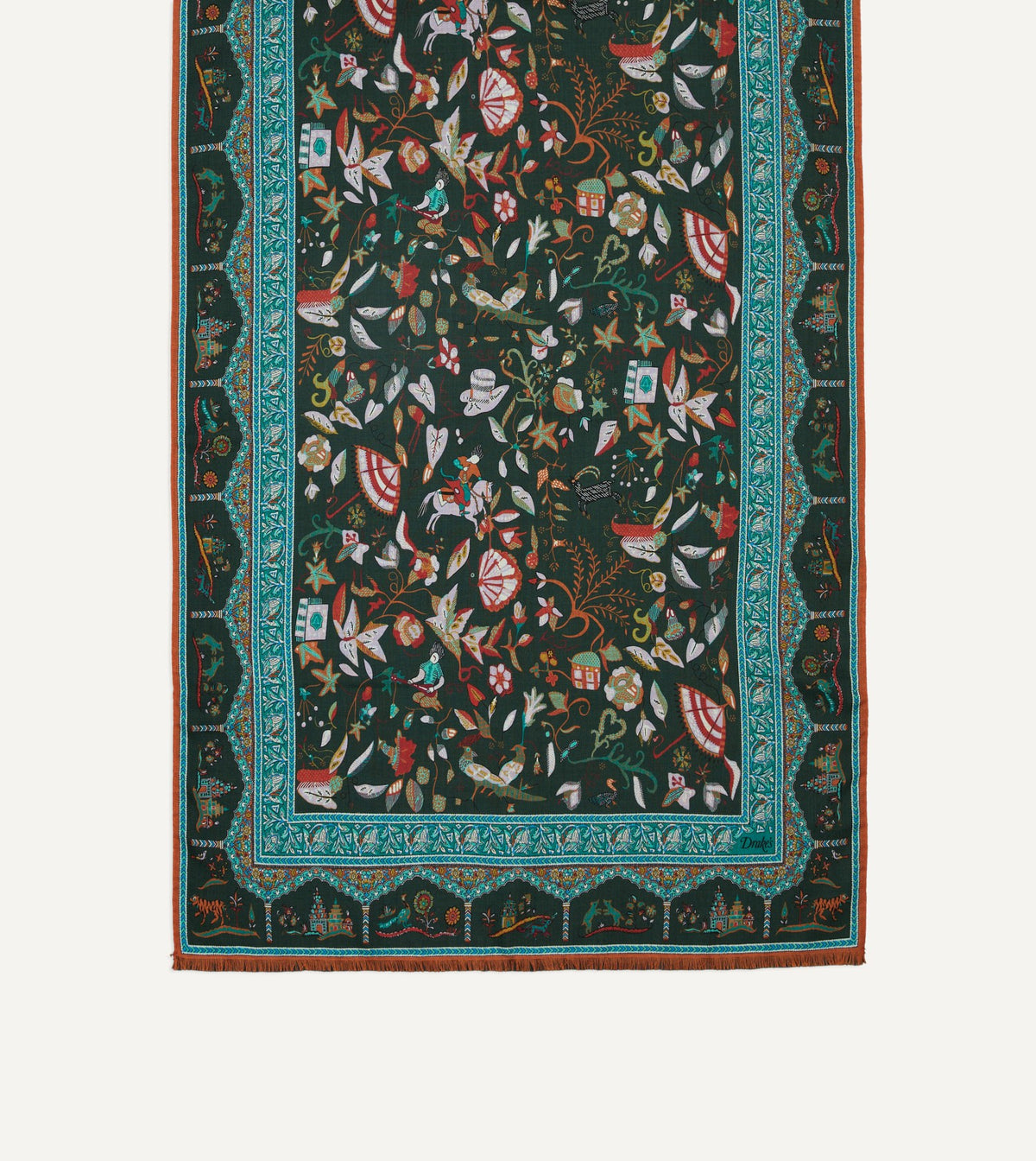 Drake's Green Classic Mughal Print Wool Silk Scarf
