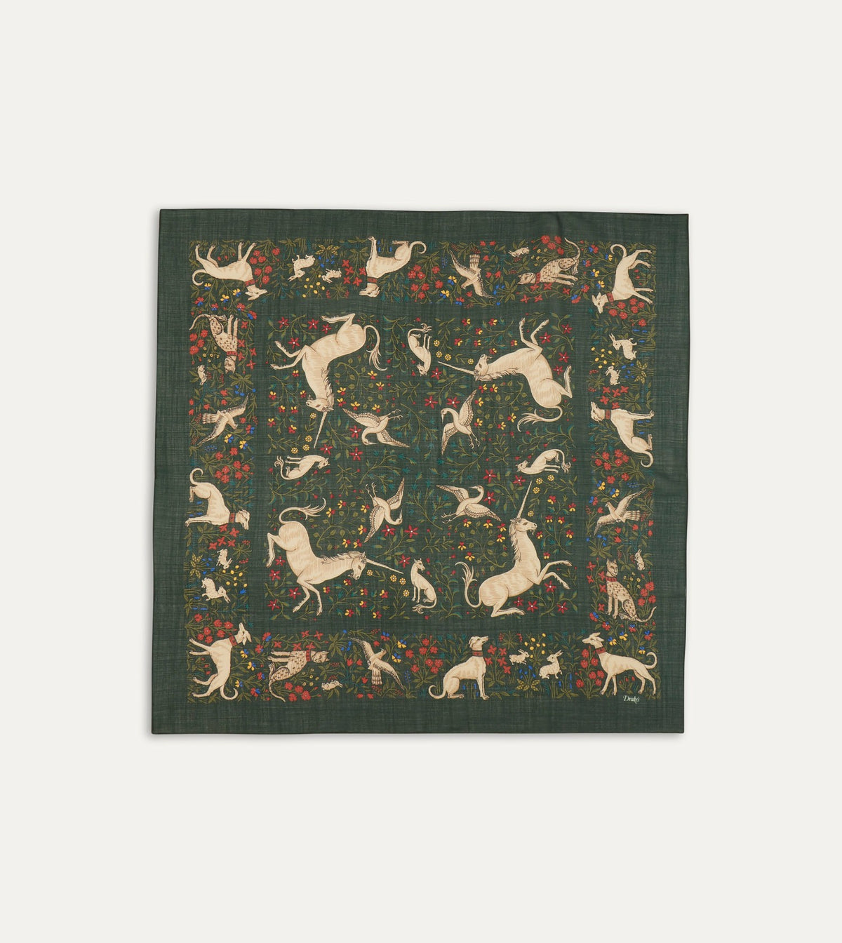 Drake's Green Unicorn Print Wool-Silk Square Scarf