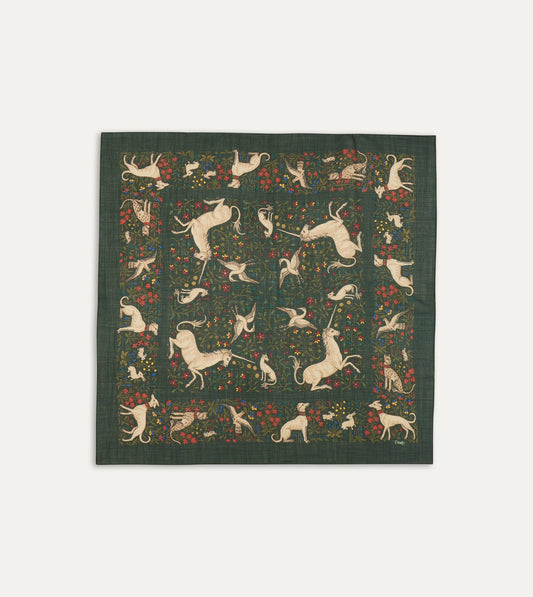 Drake's Green Unicorn Print Wool-Silk Square Scarf