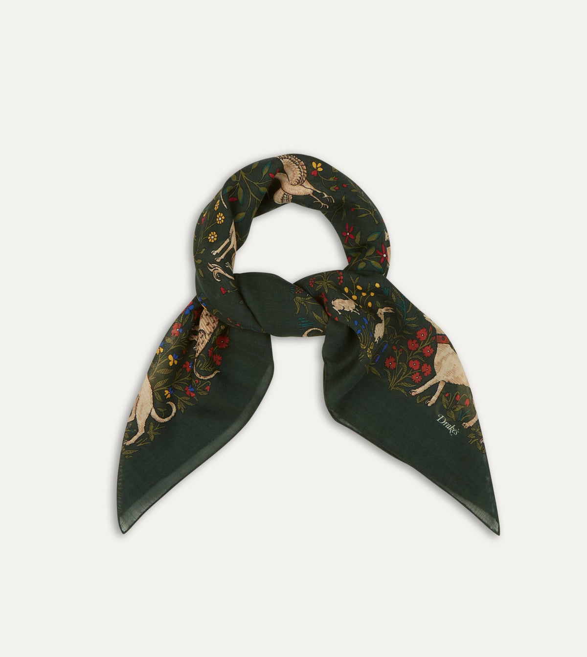 Drake's Green Unicorn Print Wool-Silk Square Scarf