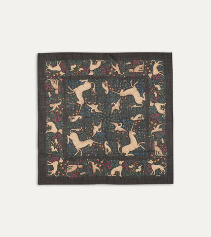 Drake's Black Unicorn Print Wool-Silk Square Scarf
