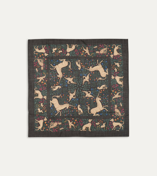 Drake's Black Unicorn Print Wool-Silk Square Scarf