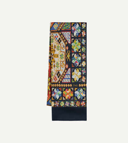 Drake's Navy Carpet Print Tubular Wool-Silk Scarf