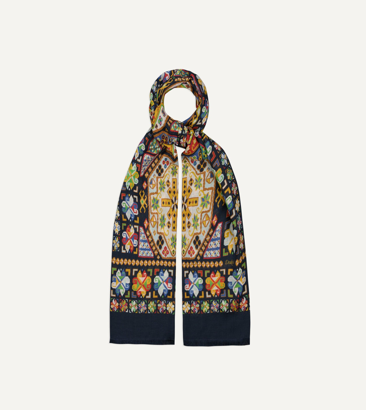 Drake's Navy Carpet Print Tubular Wool-Silk Scarf