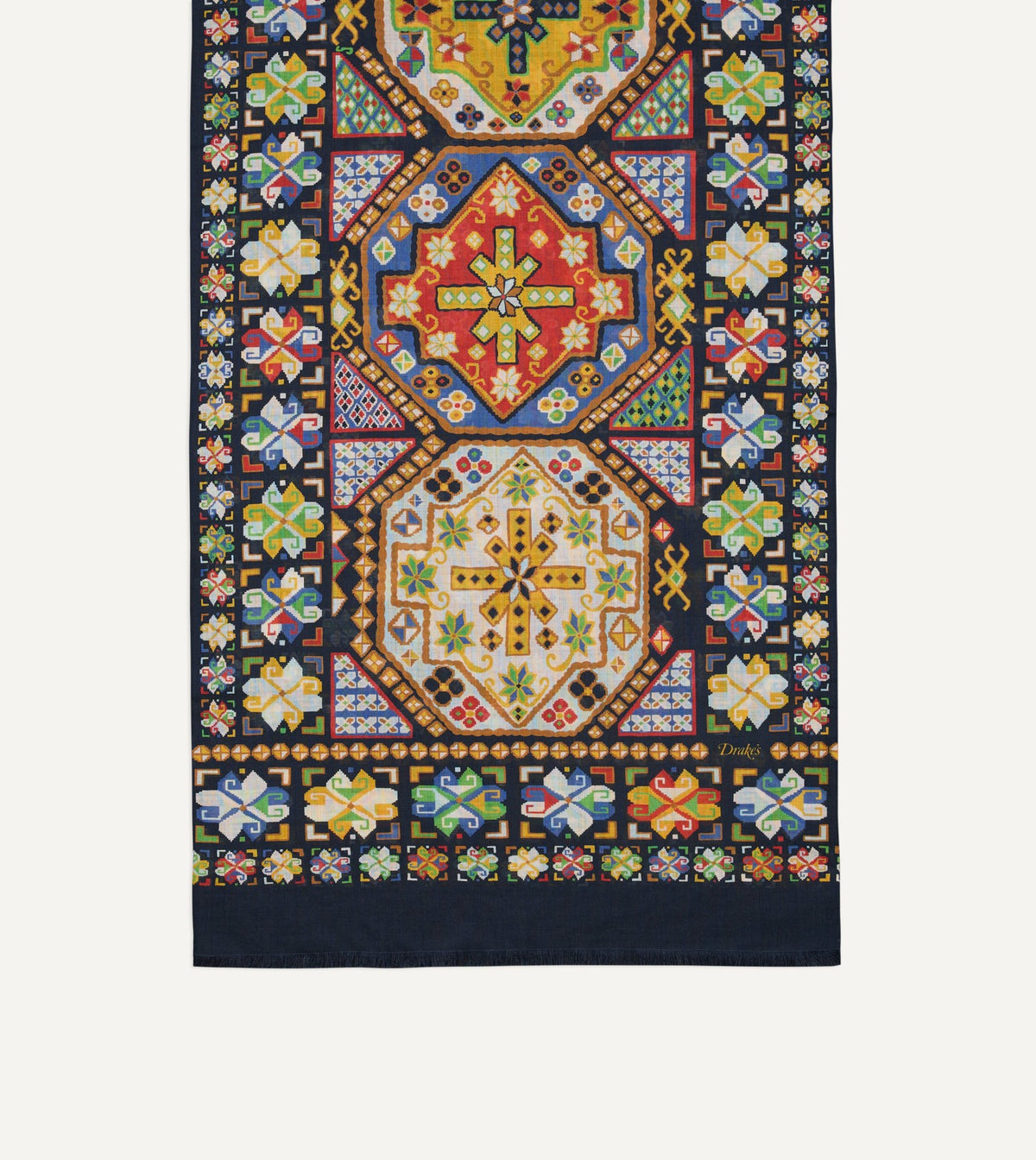 Drake's Navy Carpet Print Tubular Wool-Silk Scarf
