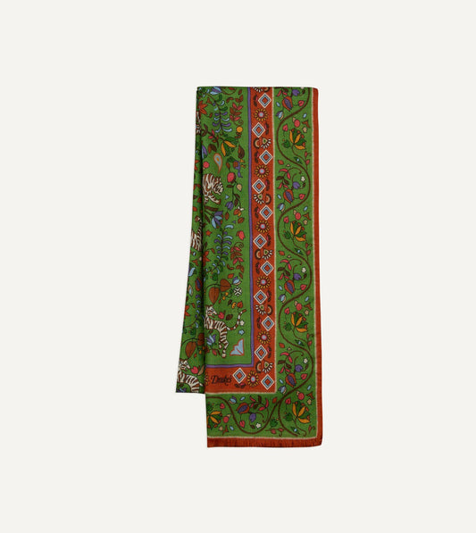 Drake's Green Tiger Garden Print Wool Silk Scarf