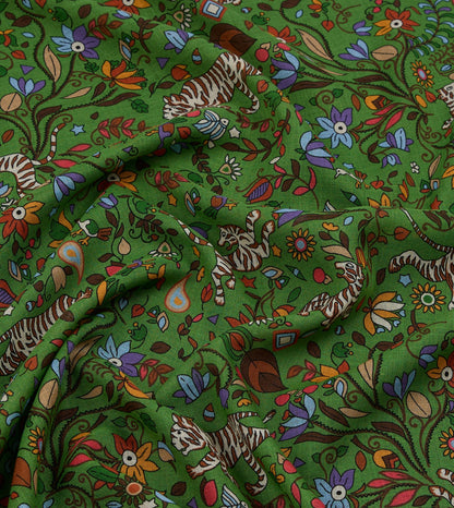 Drake's Green Tiger Garden Print Wool Silk Scarf