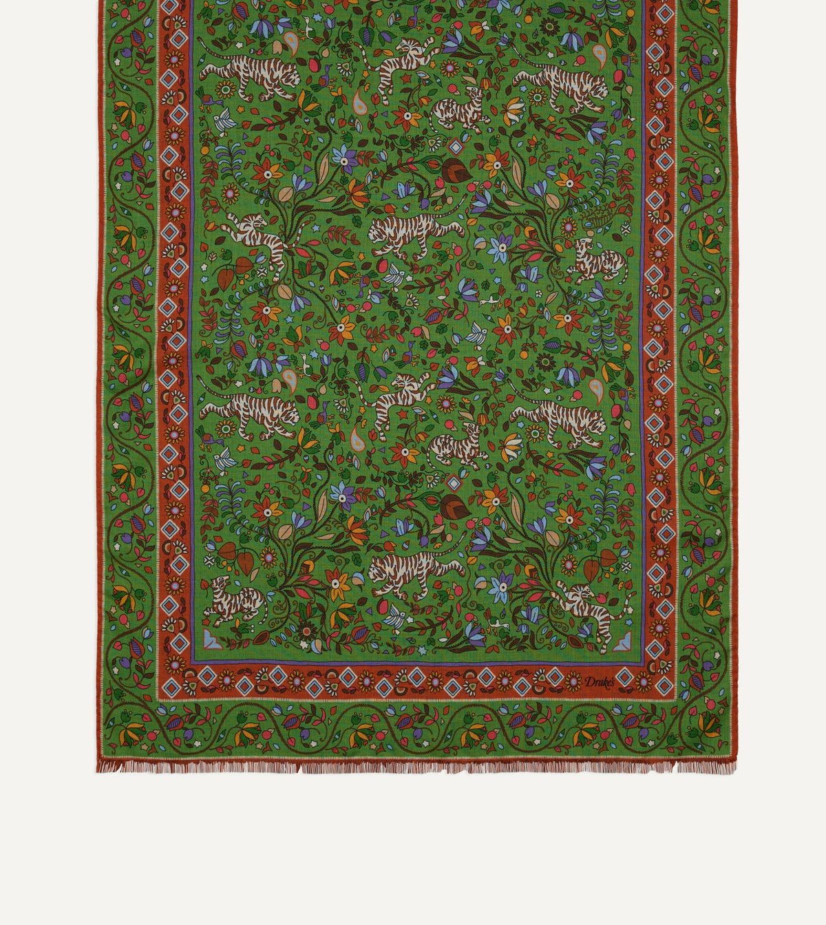 Drake's Green Tiger Garden Print Wool Silk Scarf