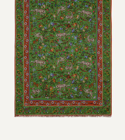 Drake's Green Tiger Garden Print Wool Silk Scarf