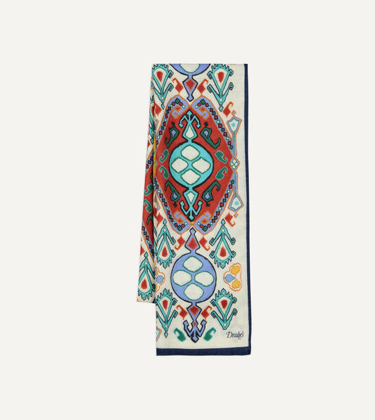 Drake's Ecru Tapestry Print Wool Silk Scarf