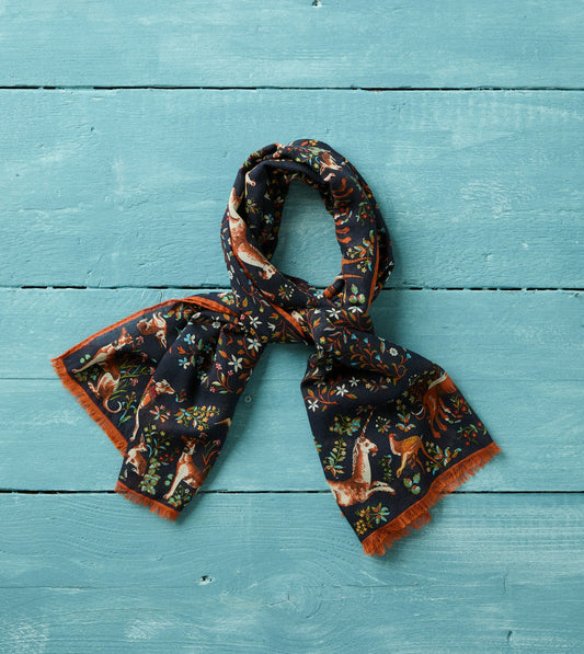 Drake's Navy Unicorn Garden Print Tubular Wool-Silk Scarf