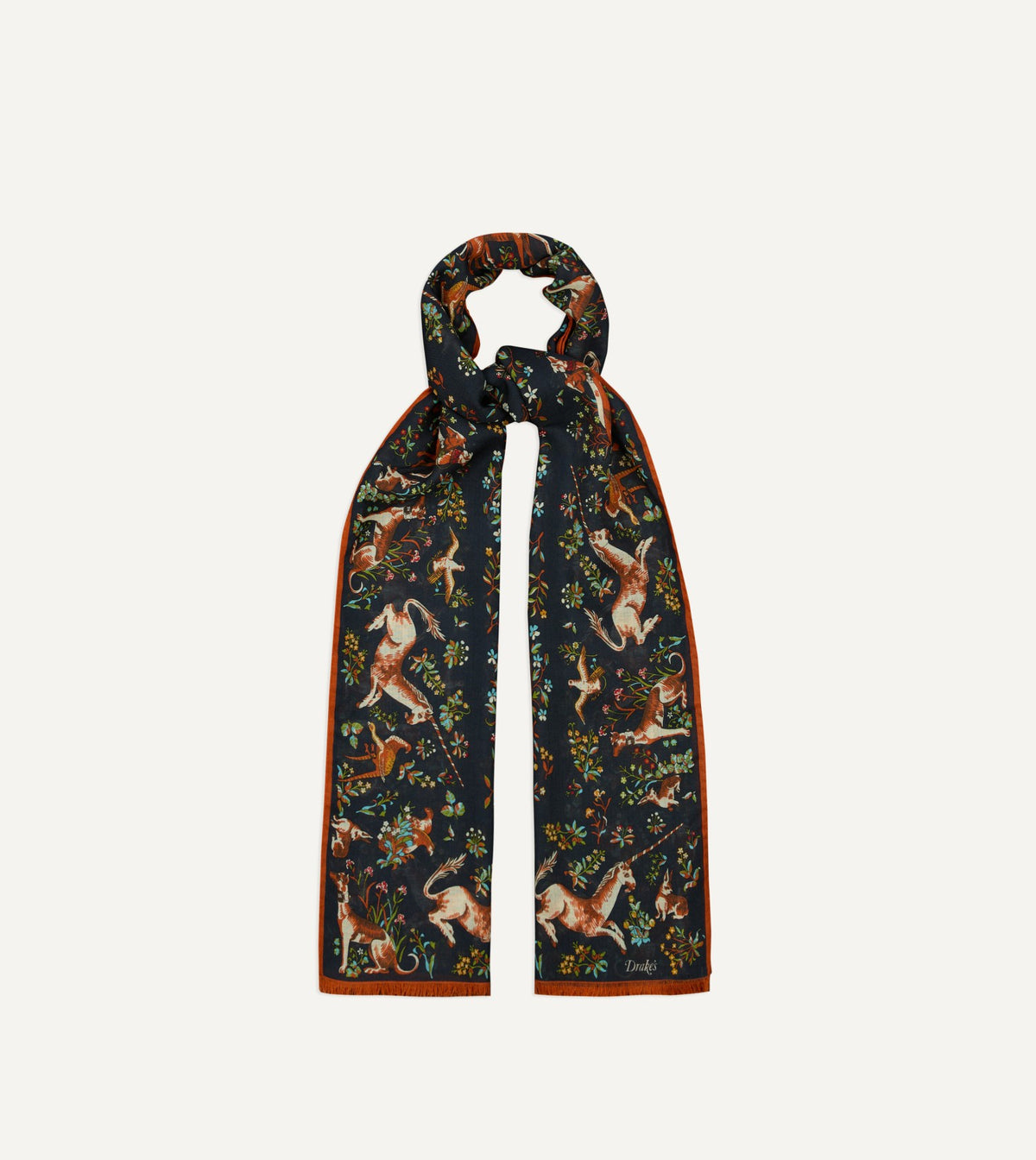 Drake's Navy Unicorn Garden Print Tubular Wool-Silk Scarf