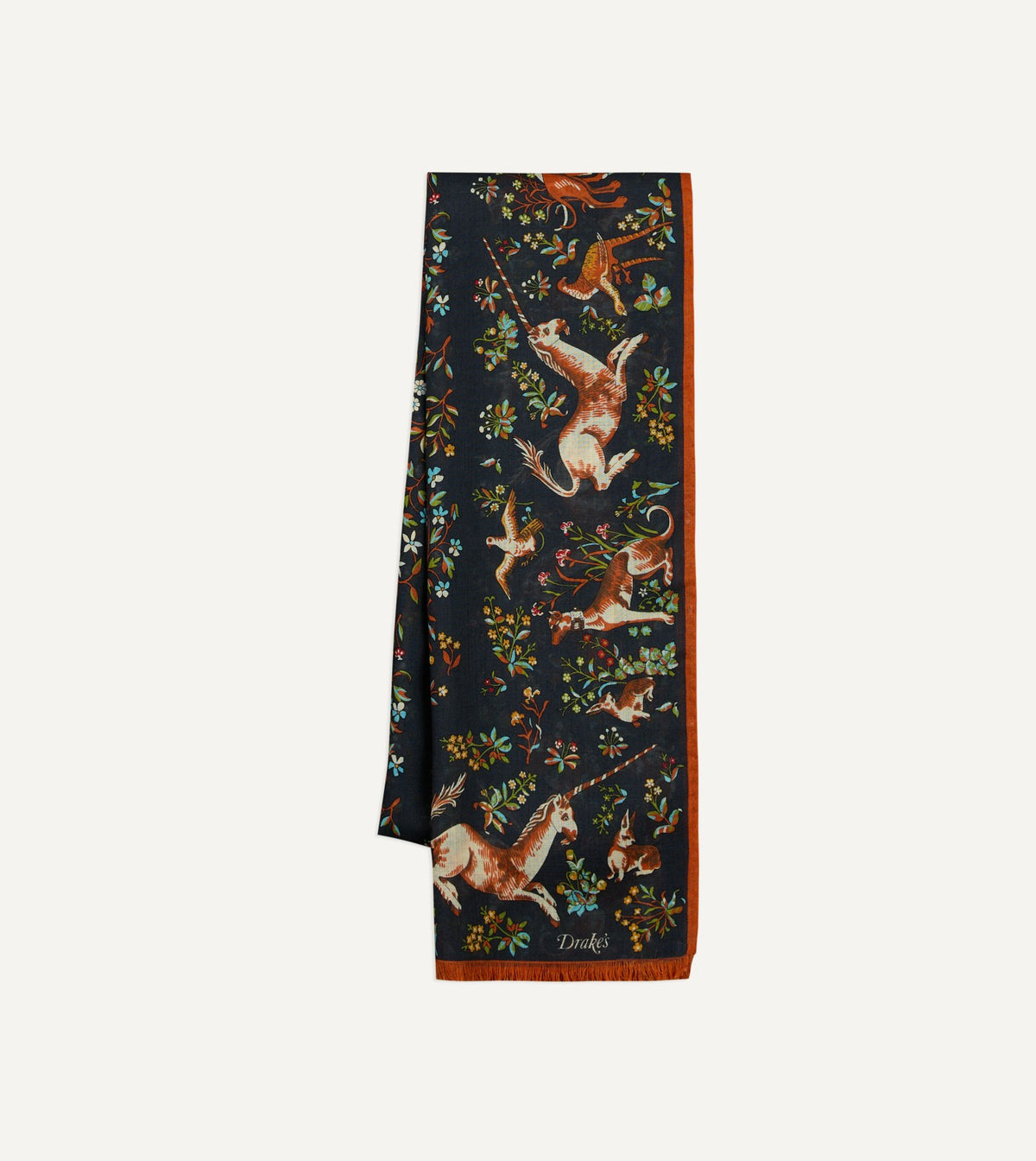 Drake's Navy Unicorn Garden Print Tubular Wool-Silk Scarf