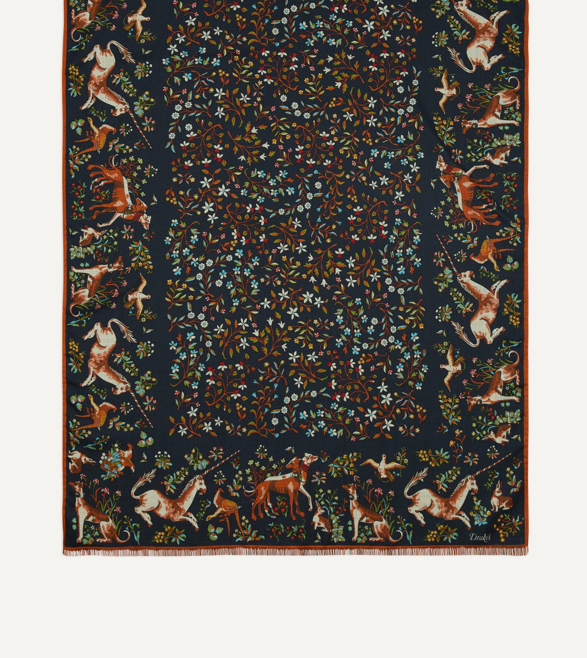 Drake's Navy Unicorn Garden Print Tubular Wool-Silk Scarf