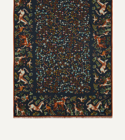Drake's Navy Unicorn Garden Print Tubular Wool-Silk Scarf