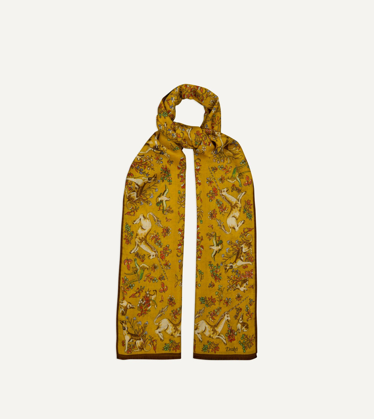 Drake's Yellow Unicorn Garden Print Tubular Wool-Silk Scarf