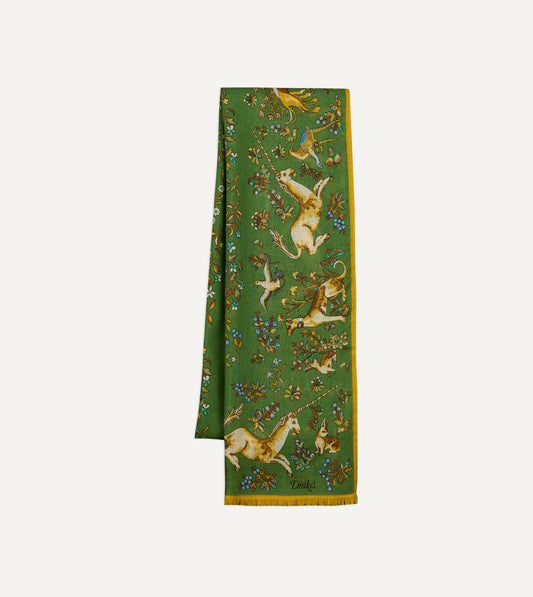 Drake's Olive Unicorn Garden Print Tubular Wool-Silk Scarf