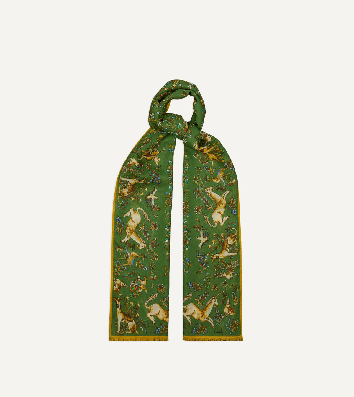 Drake's Olive Unicorn Garden Print Tubular Wool-Silk Scarf