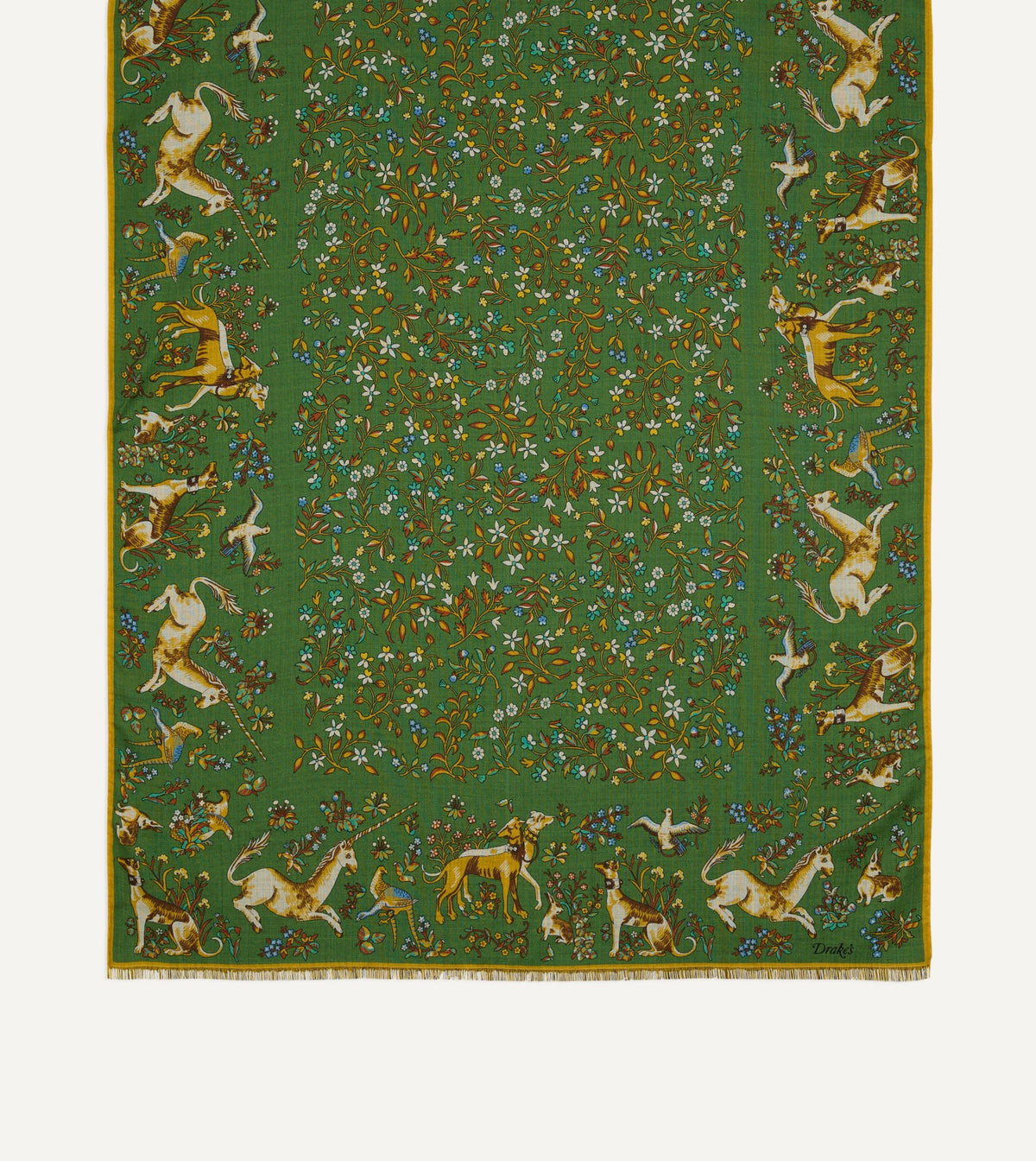Drake's Olive Unicorn Garden Print Tubular Wool-Silk Scarf