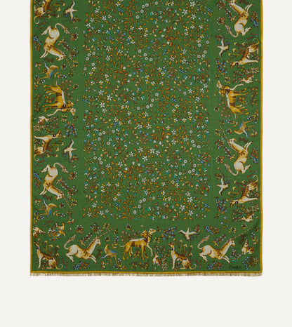 Drake's Olive Unicorn Garden Print Tubular Wool-Silk Scarf