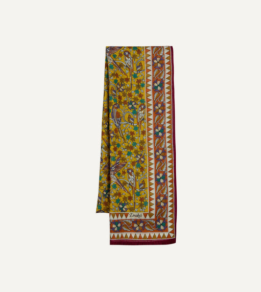 Drake's Yellow Birds and Flowers Print Wool-Silk Scarf