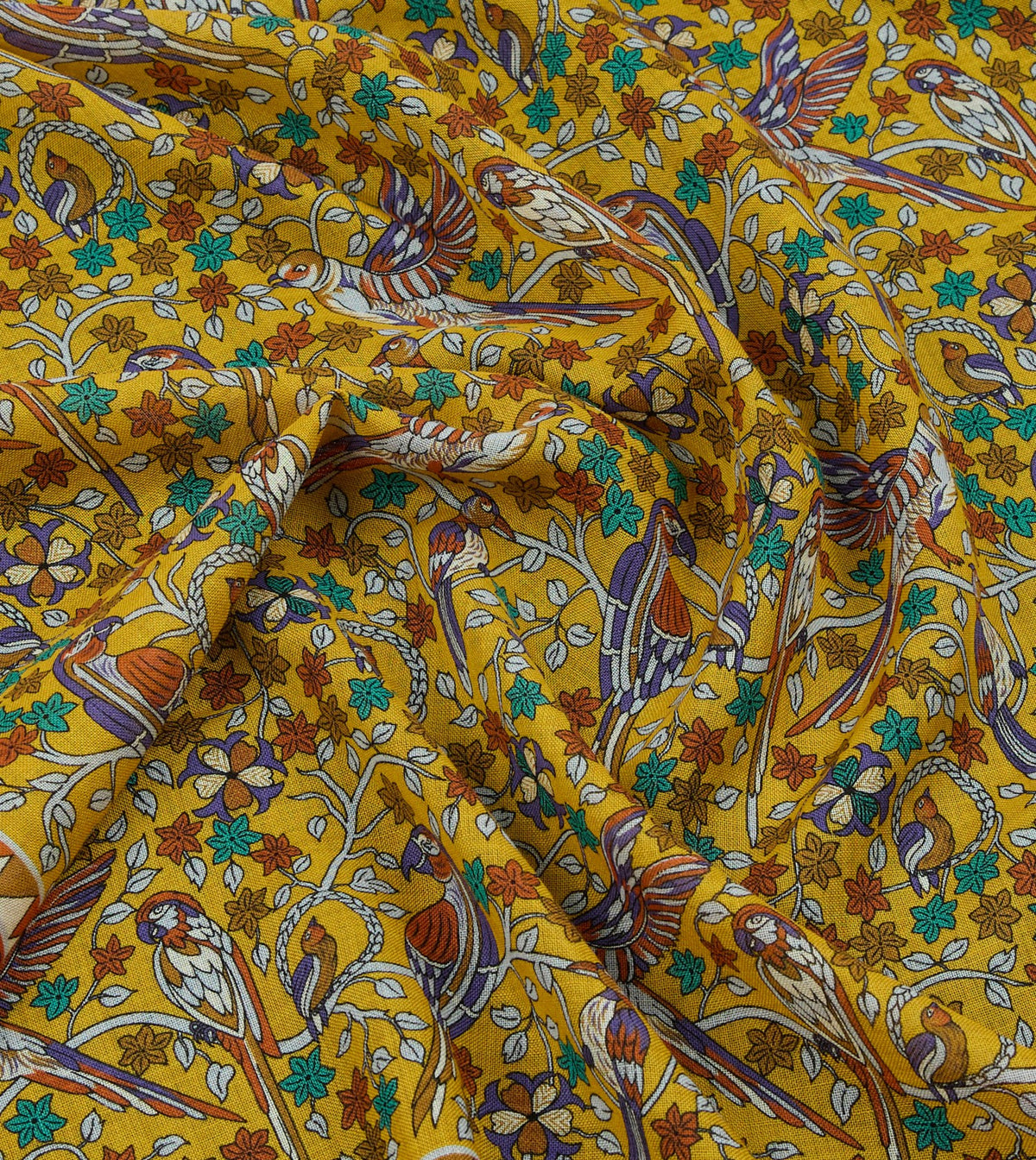 Drake's Yellow Birds and Flowers Print Wool-Silk Scarf