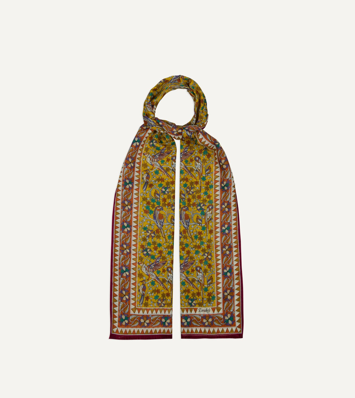 Drake's Yellow Birds and Flowers Print Wool-Silk Scarf
