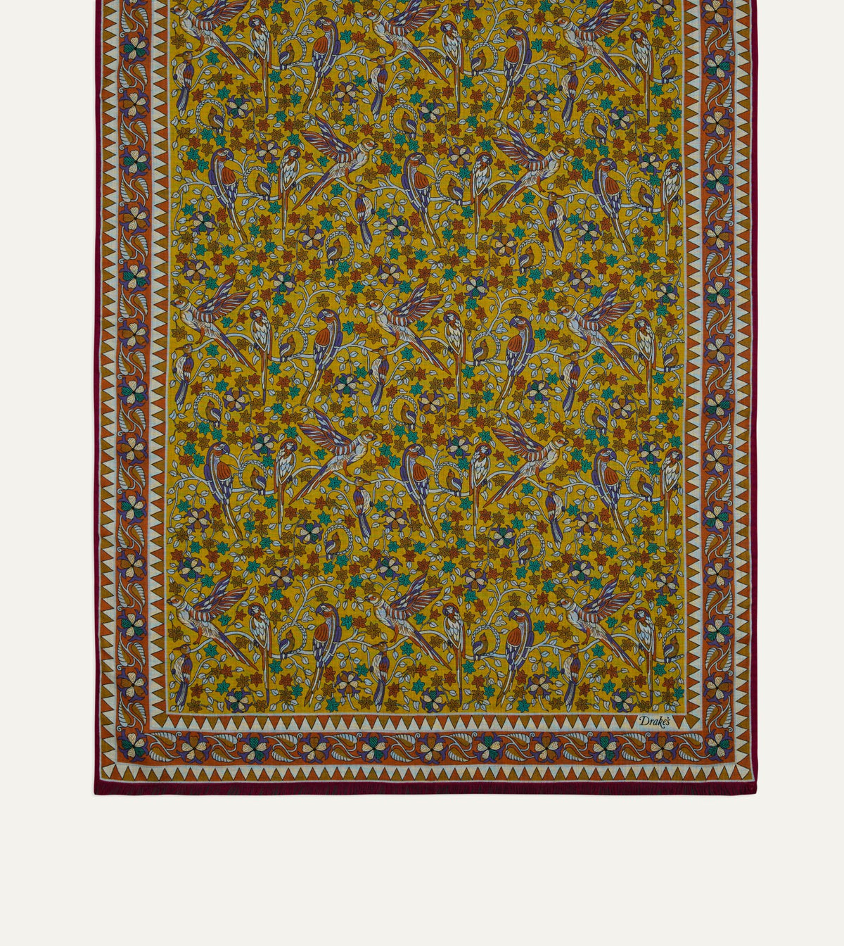 Drake's Yellow Birds and Flowers Print Wool-Silk Scarf