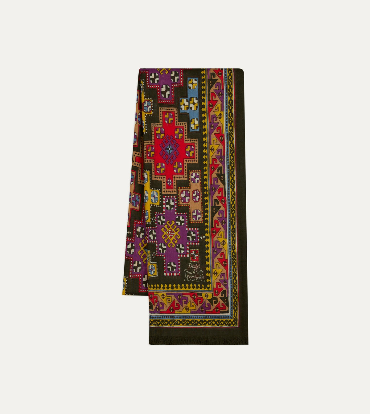Drake's Drake's by A. Levine Black Geometric Print Tubular Wool Silk Scarf
