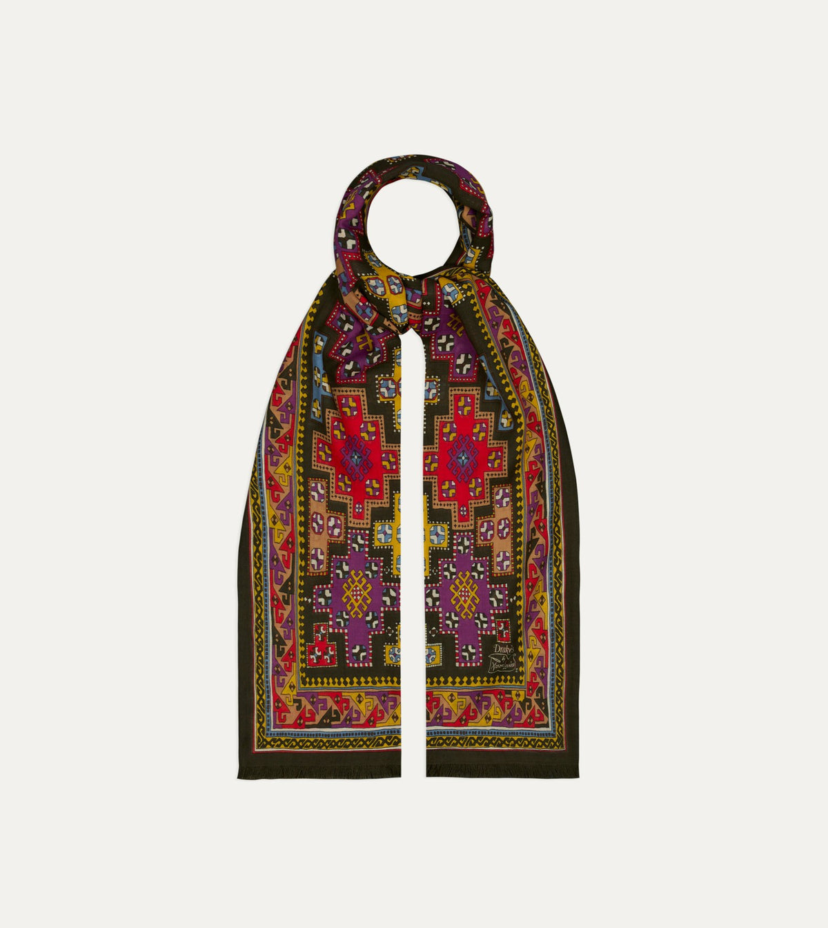 Drake's Drake's by A. Levine Black Geometric Print Tubular Wool Silk Scarf